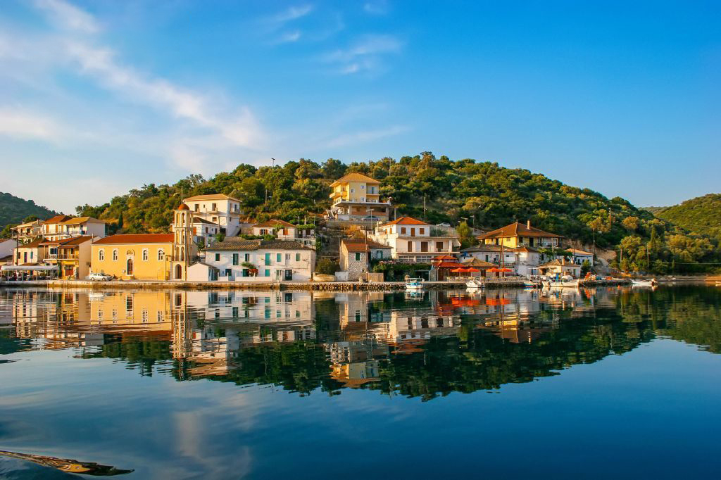 A view of the port of Vathy from sea level.